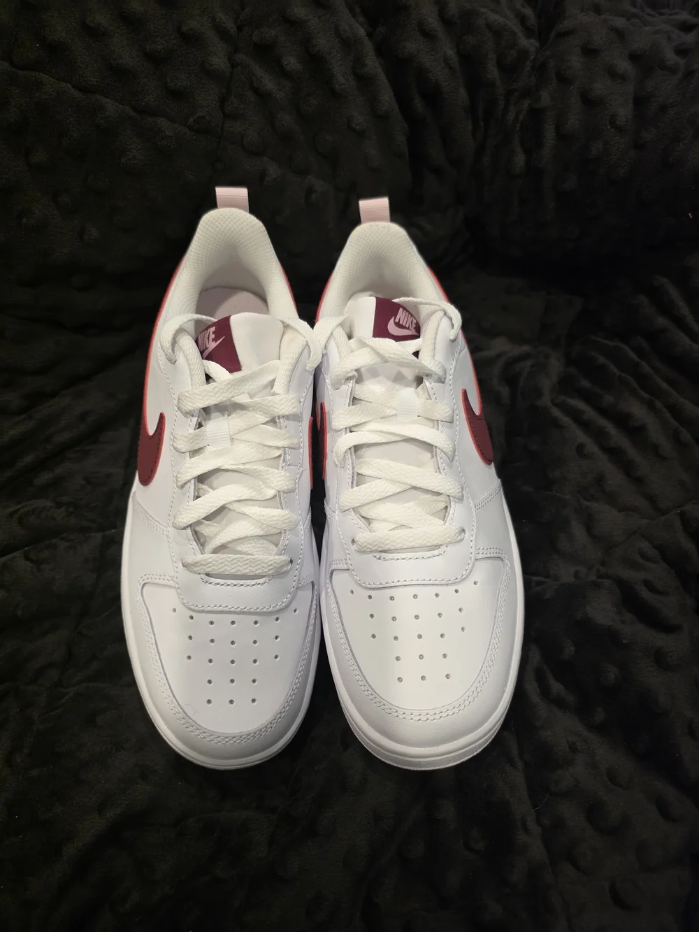White Nike Court Borough Low 2 sneakers with dark beetroot swooshes, Subtle Pink